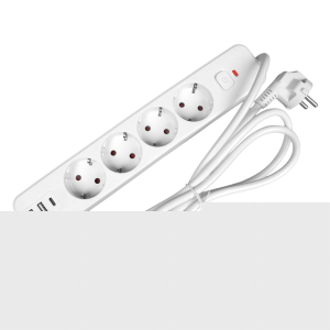 Разклонител Office 1, шуко, 4 гнезда, 3 m кабел, 2 USB Type-A, 1 USB Type-C, с ключ, бял
