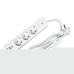 Разклонител Office 1, шуко, 3 гнезда, 3 m кабел, 2 USB Type-A, 1 USB Type-C, с ключ, бял