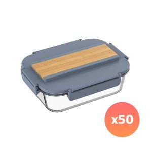 Office 1 Кутия за храна, стъклена, с прибори в капака, 1040 ml, с лазерно гравиране, синя, 50 броя