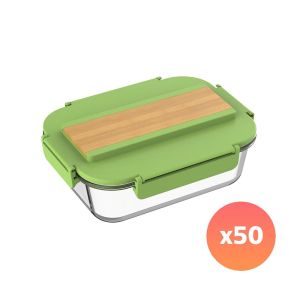 Office 1 Кутия за храна, стъклена, с прибори в капака, 1040 ml, с лазерно гравиране, светлозелена, 50 броя