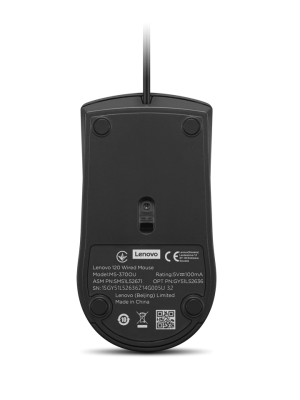 Мишка Lenovo 120, с кабел, оптична, USB, 1600 dpi, черна