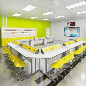 Кабинет по химия и биология RFG Flat, над VII клас, за 24 ученика, HPL плот, метални крака, бяло-жълт