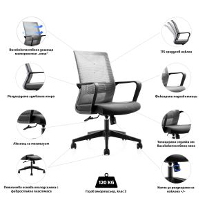 Офис стол RFG Smart W, дамаска и меш, Tilt механизъм, до 120 kg, тъмносива седалка, сива облегалка