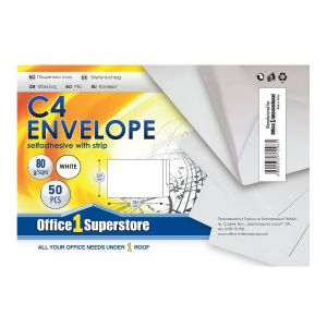 Office 1 Плик, C4, 229 x 324 mm, хартиен, със самозалепваща лента, бял, 50 броя