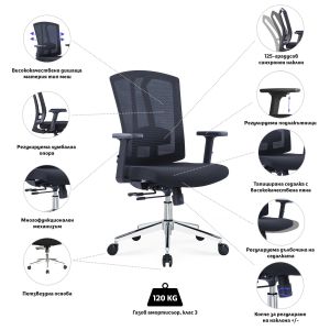 Ергономичен стол RFG Primo Lux Chrome W, дамаска и меш, Multi-function механизъм, до 120 kg, черен