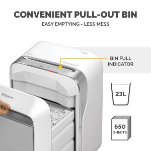Fellowes Шредер за унищожаване на документи LX211, Micro-Cut, 23 L, бял