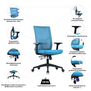 Ергономичен стол RFG Snow Black W, дамаска и меш, Multi-function механизъм, до 120 kg, светлосиня седалка, светлосиня облегалка