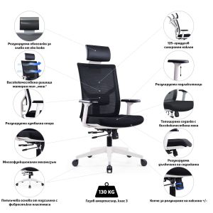 Ергономичен стол RFG Snow HB, дамаска и меш, Multi-function механизъм, до 120 kg, черна седалка, черна облегалка