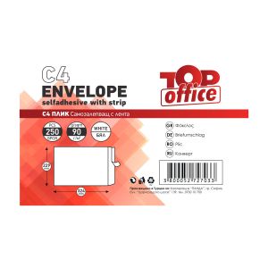 Top Office Плик, C4, 229 x 324 mm, хартиен, със самозалепваща лента, бял, 250 броя
