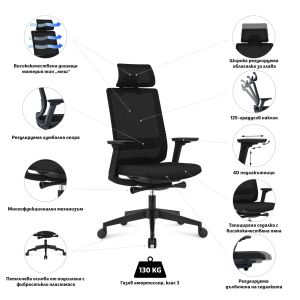 Ергономичен стол RFG Meteor X Black HB, дамаска и меш, до 130 kg, черна седалка, черна облегалка